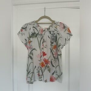 LOFT Floral Back-Button Blouse, White, Size XS